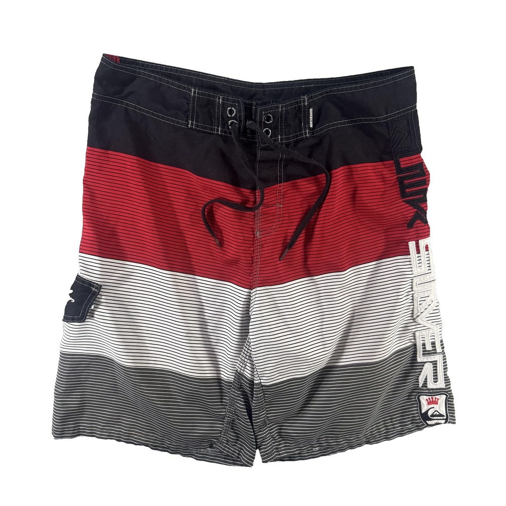 Quiksilver Board Shorts Mens 34 Black Red White Stripe Surf Trunks Cargo Logo